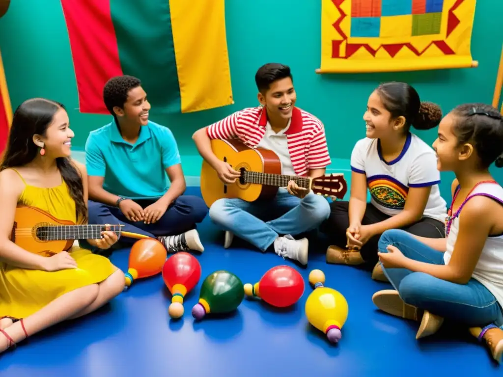 Grupo de estudiantes aprendiendo sobre instrumentos musicales latinoamericanos en una colorida y apasionante lección