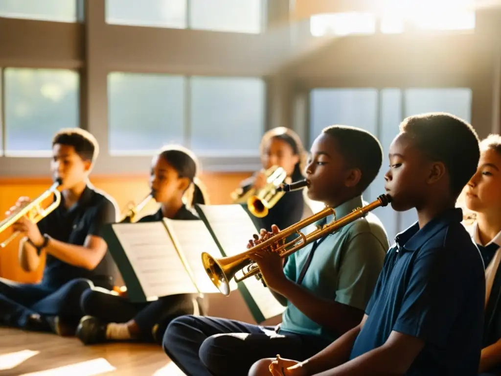 Grupo de jóvenes estudiantes tocando instrumentos de viento en círculo, con el sol iluminando la escena