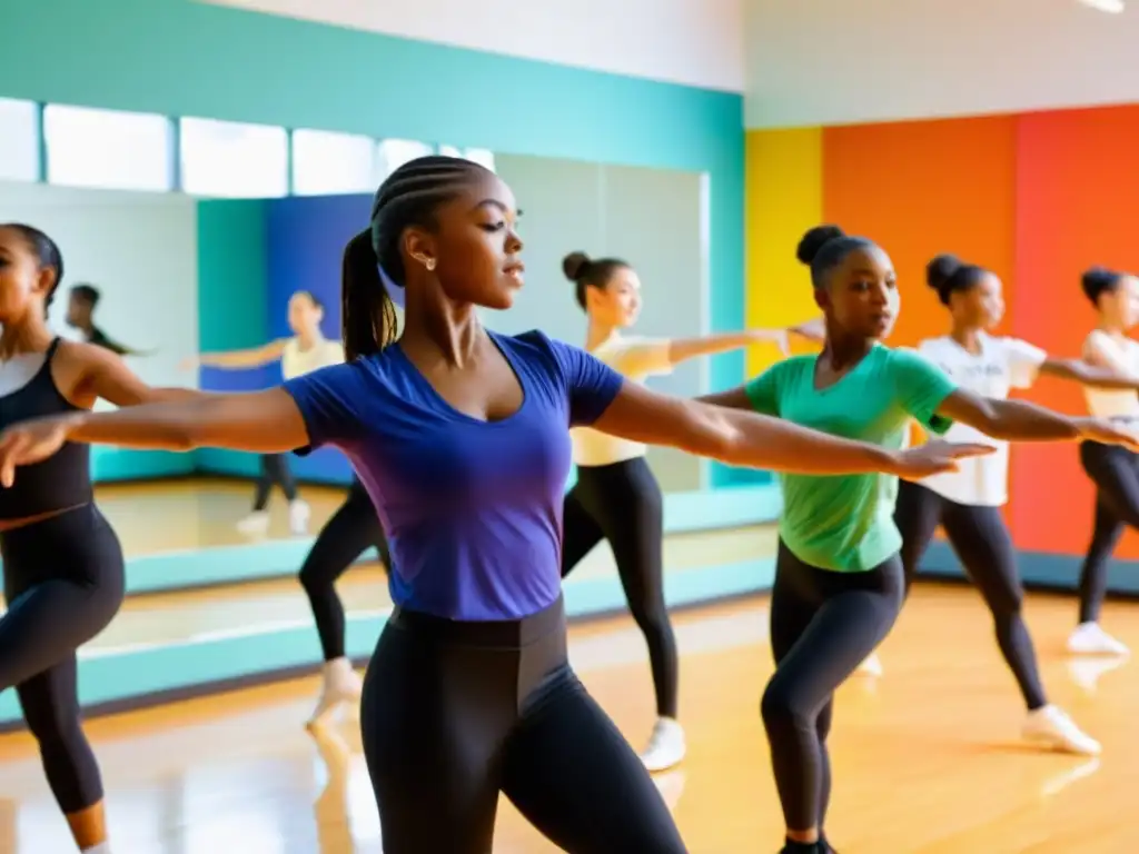 Un grupo de jóvenes estudiantes practican movimientos de baile en un estudio lleno de energía