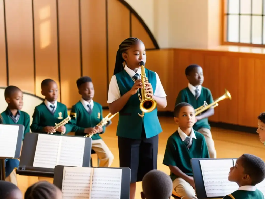 Un grupo de estudiantes de primaria tocando instrumentos de viento en un aula soleada, demostrando la vitalidad de la formación musical escolar