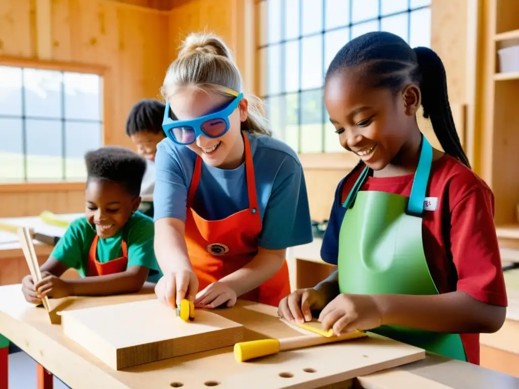 Un grupo de estudiantes de primaria construye instrumentos musicales en un proyecto interdisciplinario, mostrando creatividad y trabajo en equipo