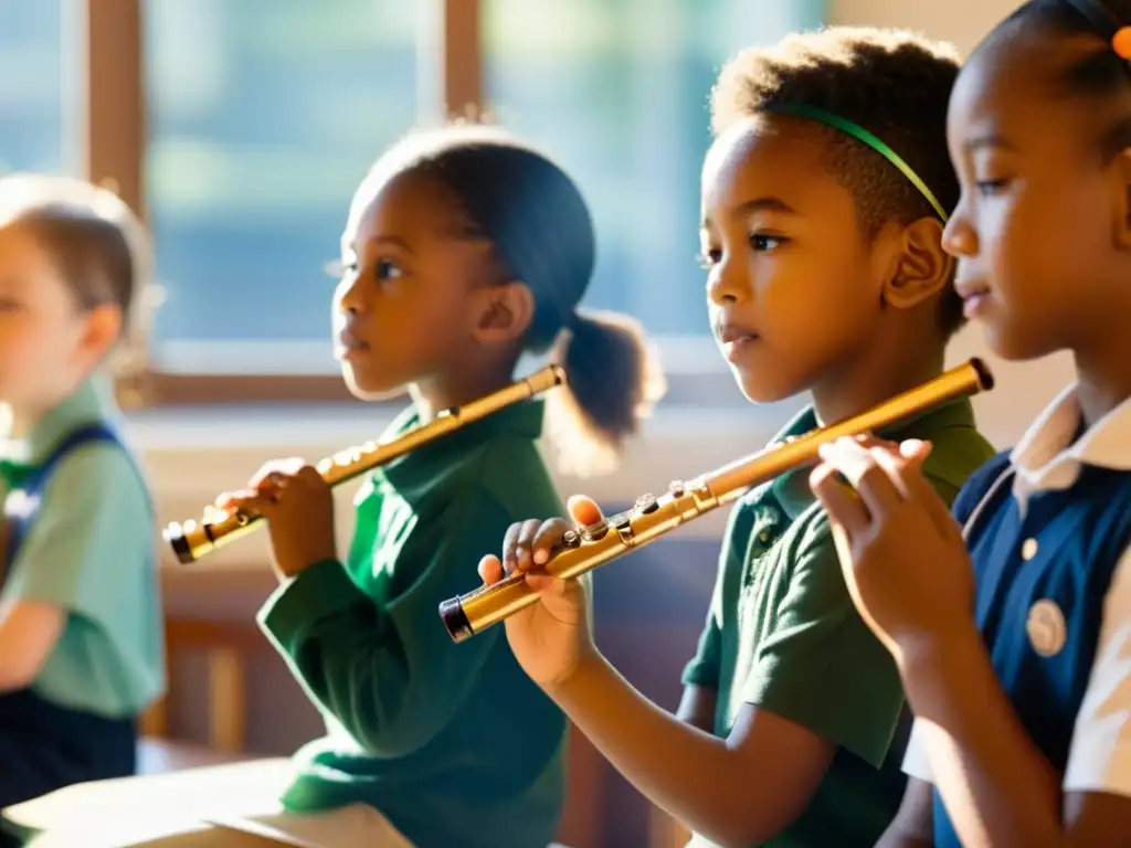 Grupo de estudiantes de primaria escuchando atentamente a su profesor de música mientras sostienen flautas y flautines