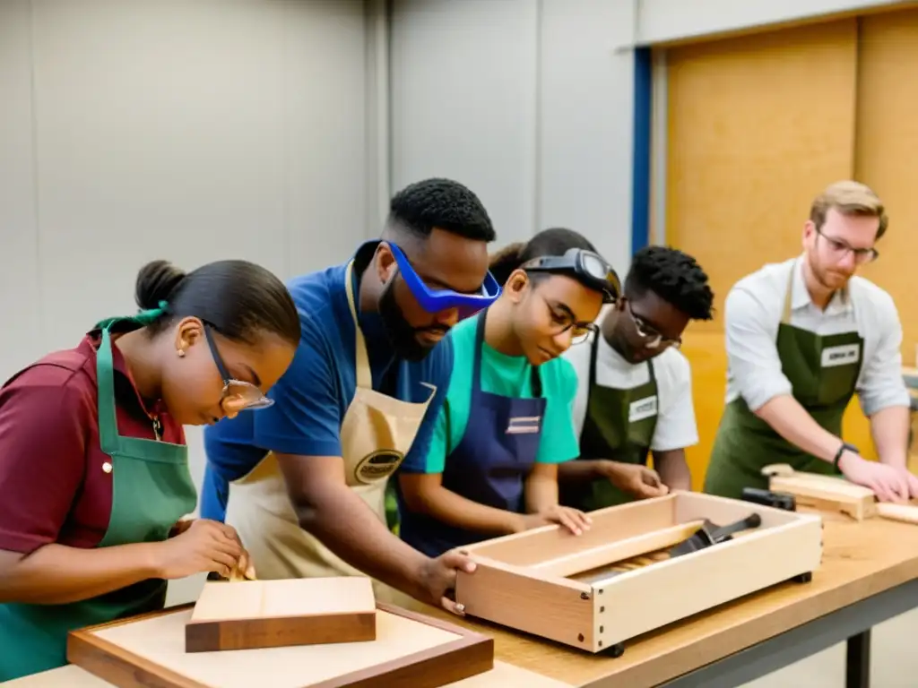 Un grupo de estudiantes en un taller de construcción de instrumentos musicales, concentrados y entusiasmados