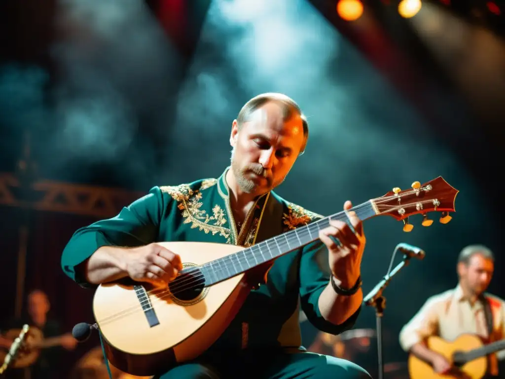 Un grupo folclórico ruso toca la balalaika en un escenario, con trajes tradicionales y una atmósfera cautivadora