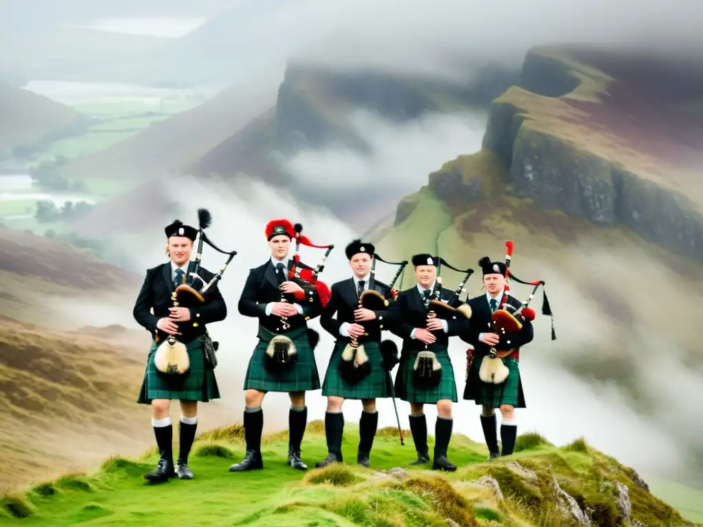 Grupo de gaiteros escoceses tocando en un acantilado frente a un valle verde y neblinoso