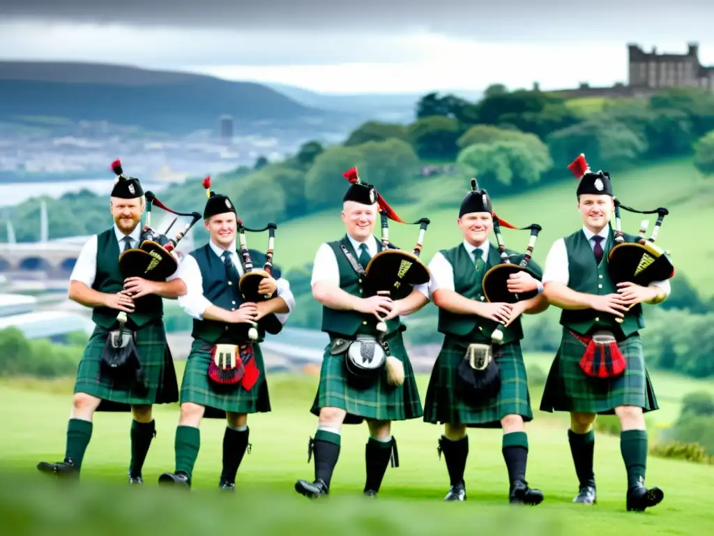 Grupo de gaiteros escoceses tocando en un festival de la gaita en Glasgow, con vista a la ciudad y colinas verdes