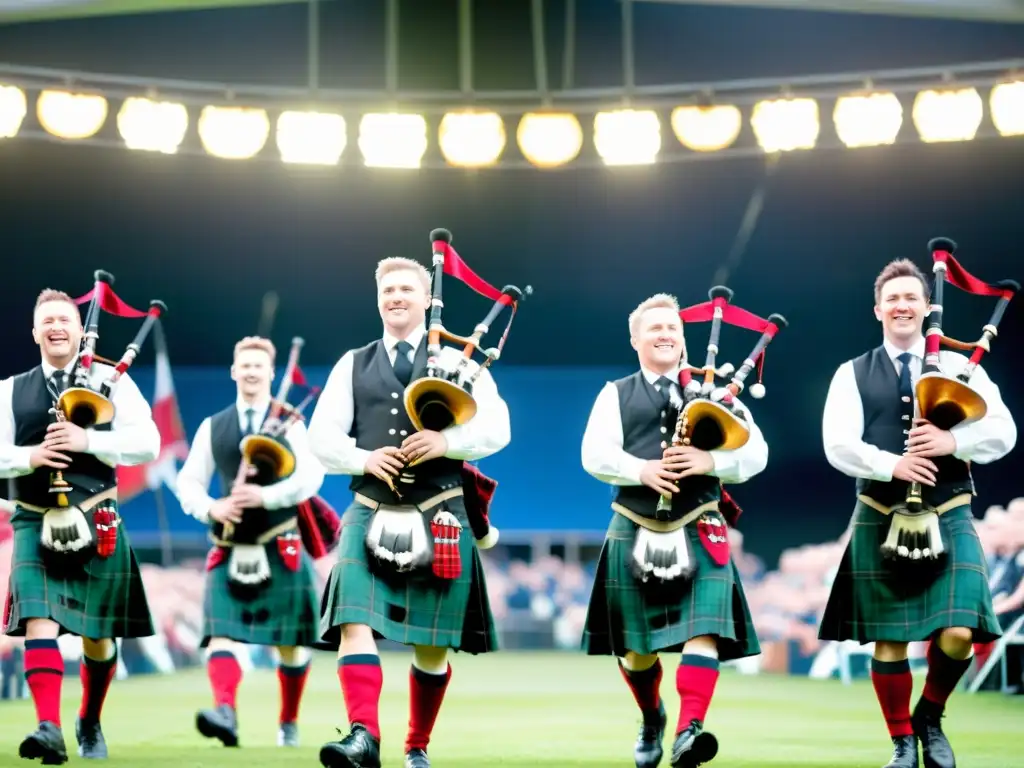 Grupo de gaiteros escoceses en el Festival de la Gaita Escocesa Glasgow, con entusiastas espectadores y arquitectura histórica de fondo