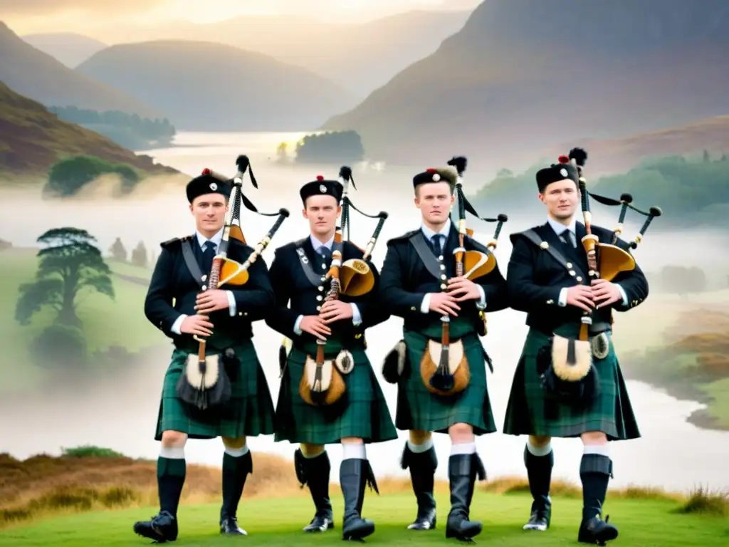 Un grupo de gaiteros escoceses vistiendo kilts tradicionales, tocando en las Tierras Altas con una atmósfera de historia y sonido de la gaita escocesa