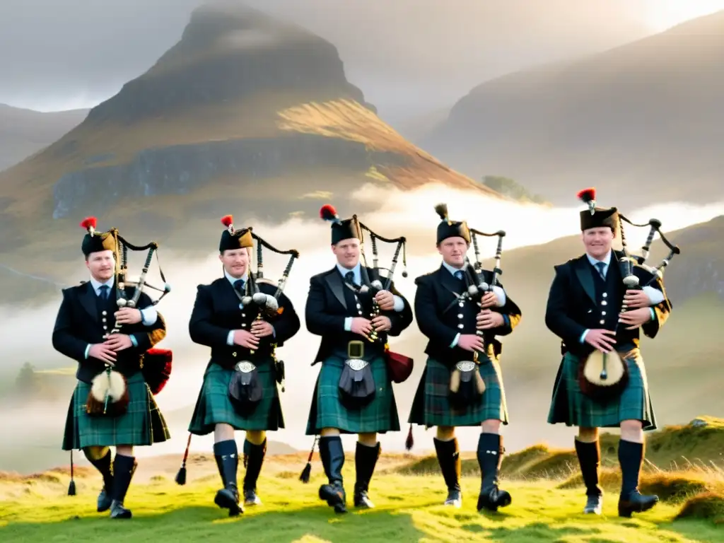 Un grupo de gaiteros escoceses tocando en un paisaje montañoso neblinoso al amanecer, destacando la historia y evolución de la gaita