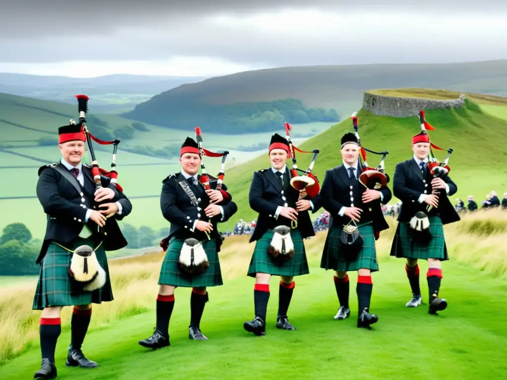 Un grupo de gaiteros escoceses tradicionales tocando en una colina verde exuberante, capturando la rica historia de la gaita escocesa tradicional