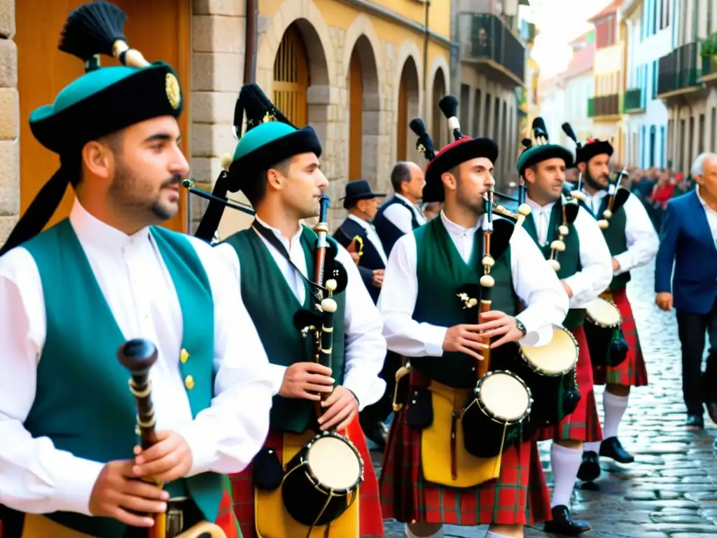 Grupo de gaiteros gallegos, vestidos con trajes tradicionales coloridos, tocando sus instrumentos durante un animado desfile en una fiesta local