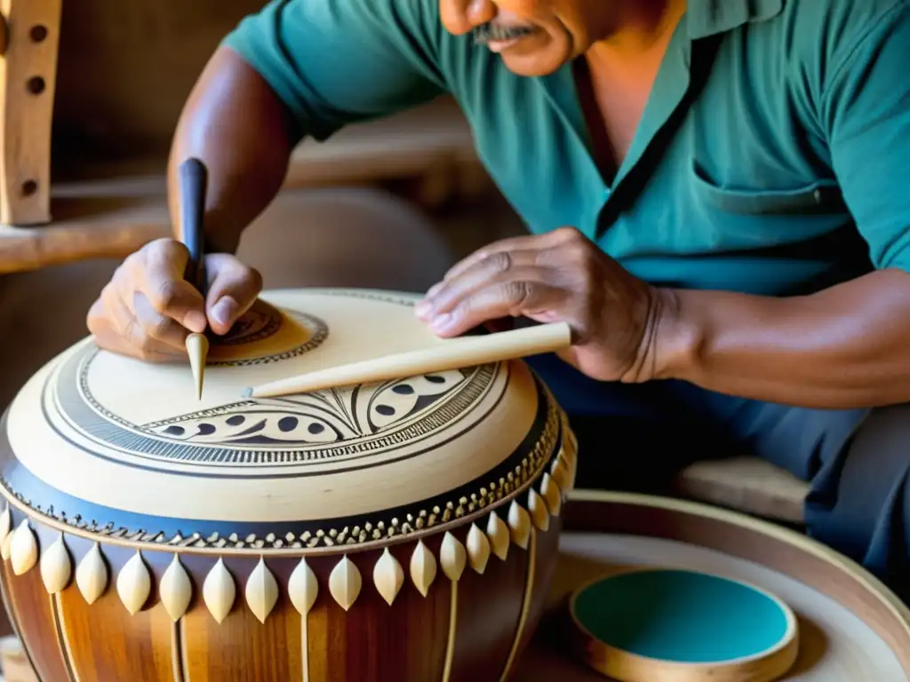 Un grupo de hábiles artesanos elaborando meticulosamente Bombos Legüeros, mostrando el proceso de tallado, estirado de cueros y pintura tradicional