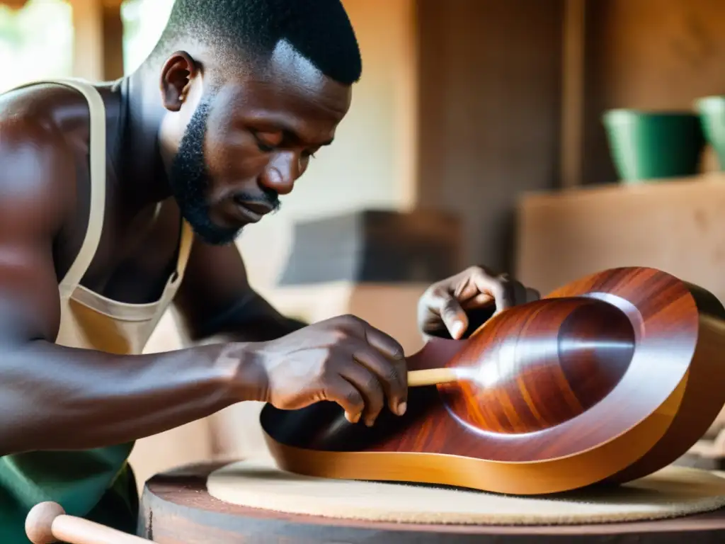 Un grupo de hábiles artesanos en Guinea tallan meticulosamente y dan forma a piezas de caoba oscura para construir una impresionante y detallada orquesta de madera