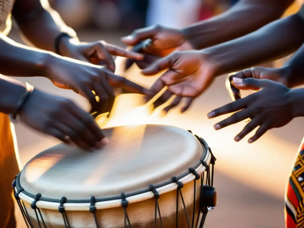 Un grupo de hábiles percusionistas africanos tocan tambores tradicionales con pasión y energía