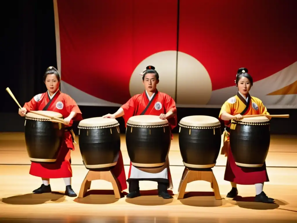 Grupo de hábiles taiko vestidos en atuendo japonés tradicional, ejecutando con intensidad