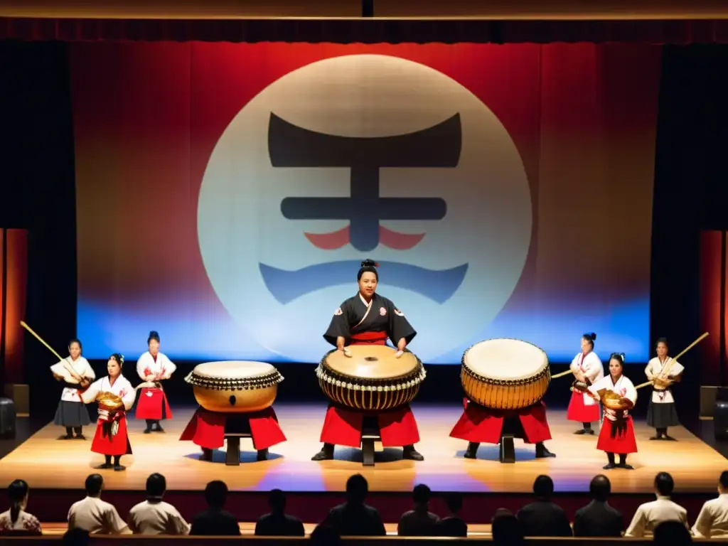 Un grupo de hábiles tamborileros Taiko vestidos con atuendo tradicional japonés, cautivando a una audiencia con su intensa actuación