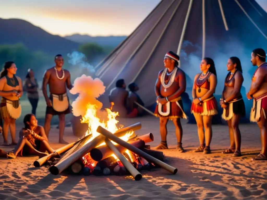 Grupo indígena reunido alrededor de una fogata, tocando el didgeridoo y bailando