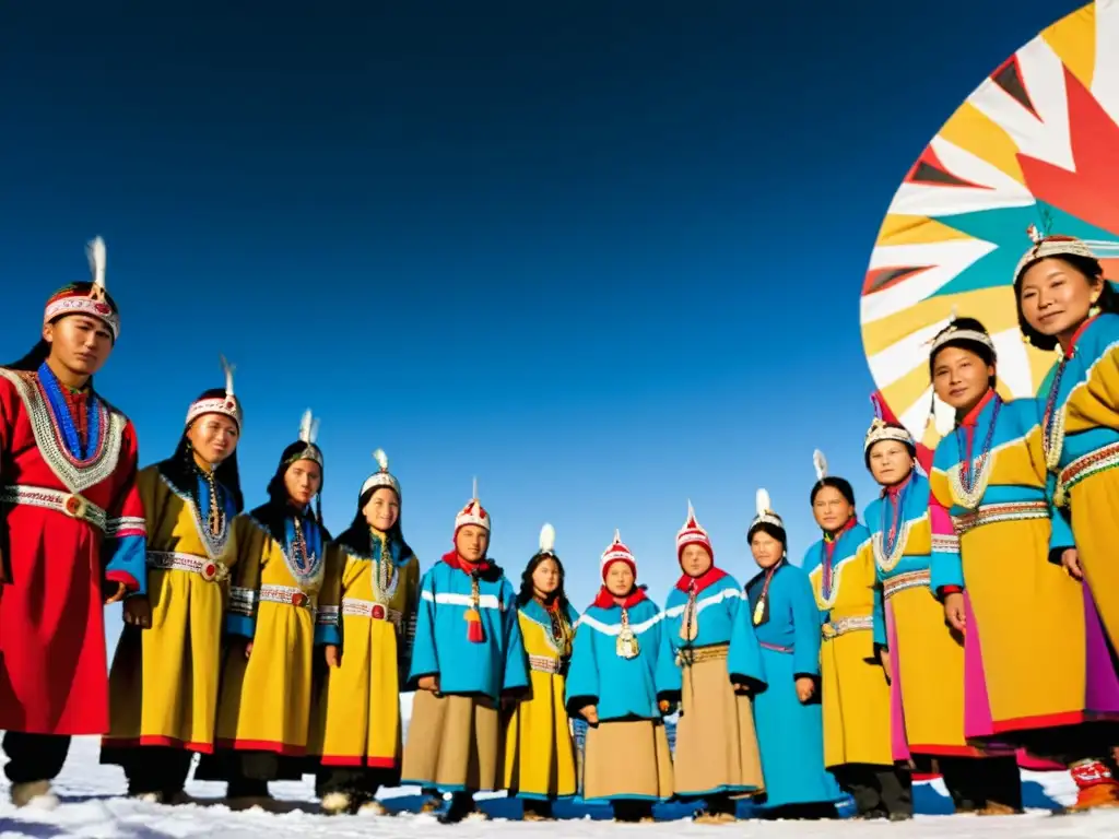 Grupo indígena realiza ritual siberiano alrededor del fuego, con trajes coloridos y montañas nevadas al fondo