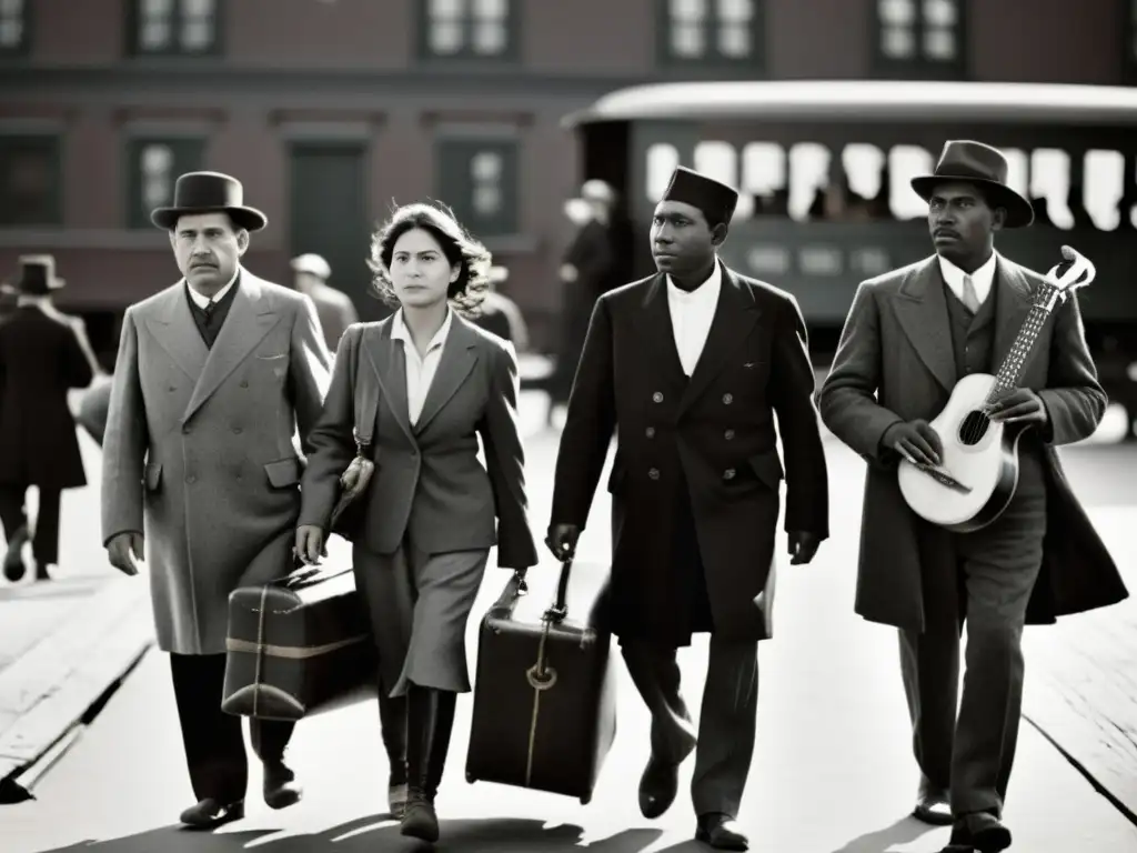 Inmigrantes de Ellis Island: Esperanzas y melodías en blanco y negro Un grupo de inmigrantes llega a Ellis Island en blanco y negro, mostrando determinación y esperanza