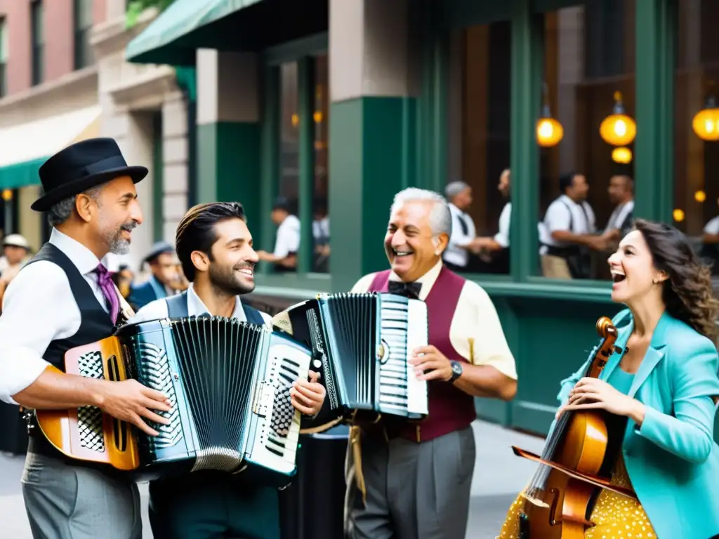 Grupo de inmigrantes italianos tocando música tradicional en las bulliciosas calles de Nueva York, con expresiones apasionadas