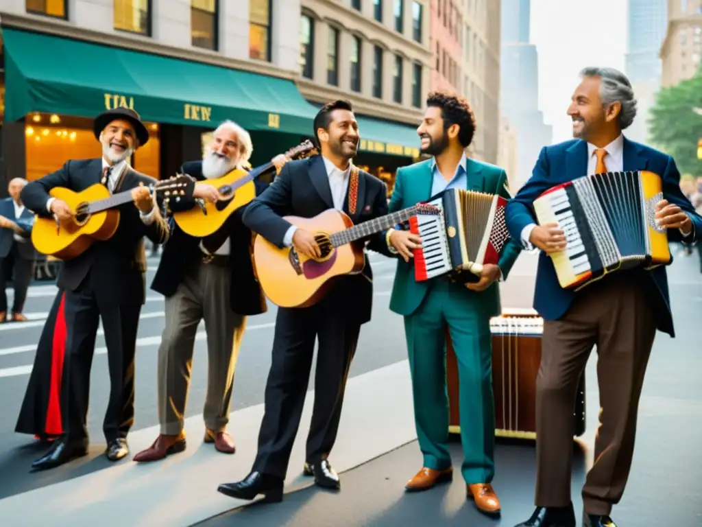 Grupo de inmigrantes italianos tocando música tradicional en las calles de Nueva York, con el icónico horizonte de la ciudad de fondo, reflejando la influencia de la música italiana en América