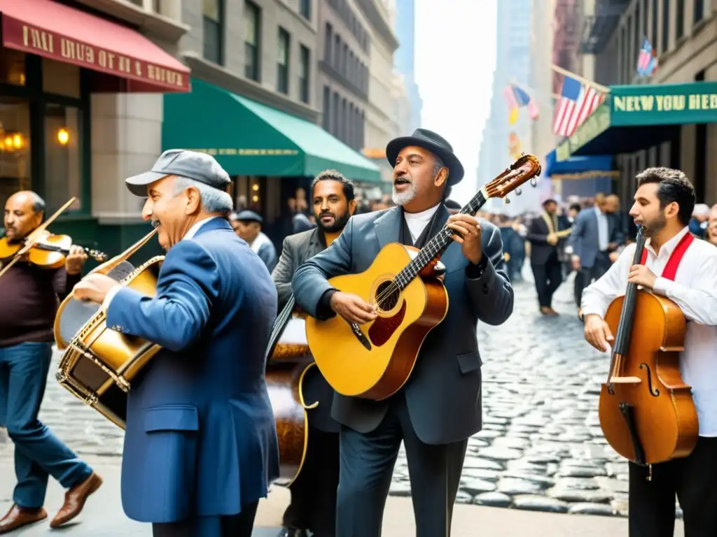 Grupo de inmigrantes italianos tocando música tradicional en una bulliciosa calle de Nueva York, con la estatua de la Libertad al fondo