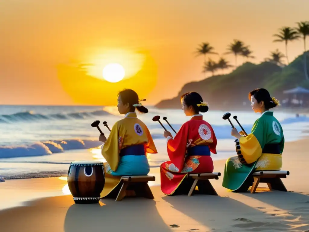 Un grupo de inmigrantes japoneses toca instrumentos tradicionales en la playa al atardecer, mostrando la influencia de la migración japonesa en la región del Pacífico