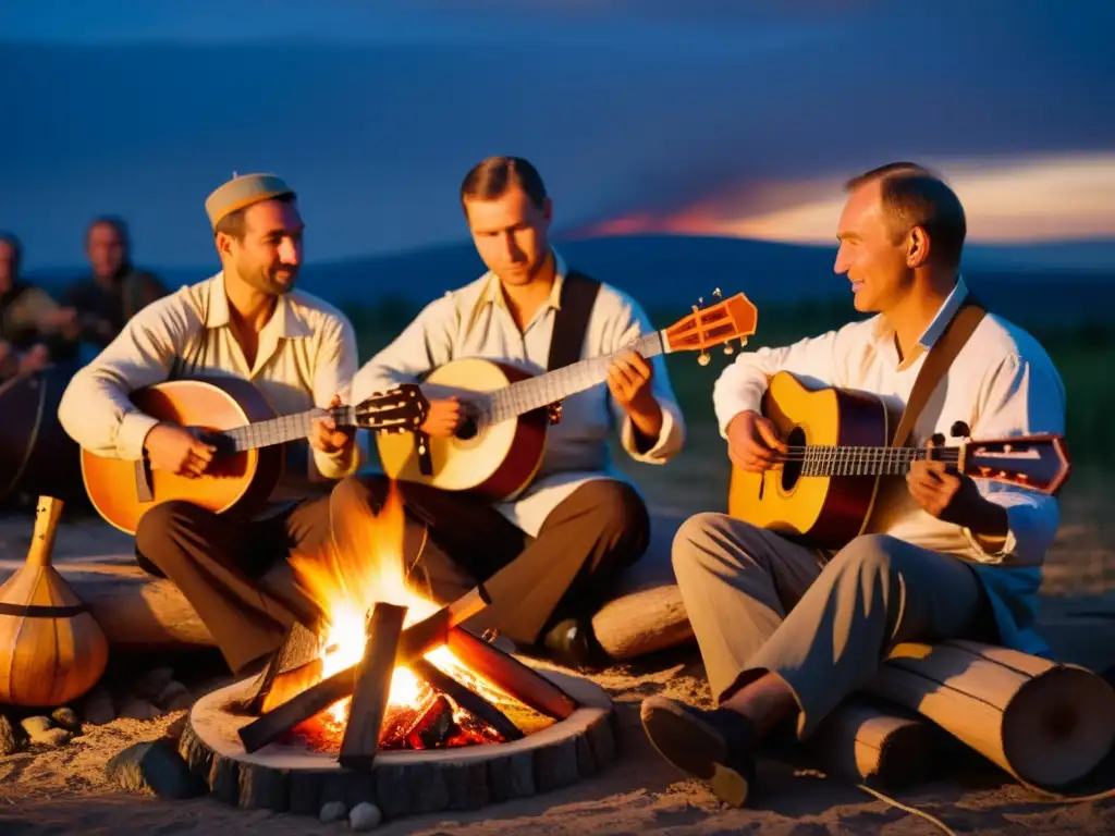 Grupo de inmigrantes rusos tocando la balalaika alrededor de una fogata, en una escena de música folclórica mundial rusa