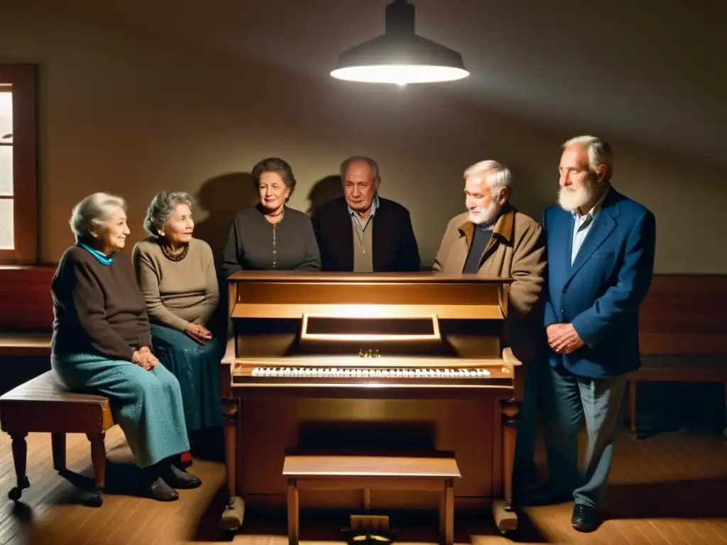 Un grupo de inmigrantes rusos mayores se reúnen alrededor de un pequeño y desgastado piano en un centro comunitario escasamente iluminado