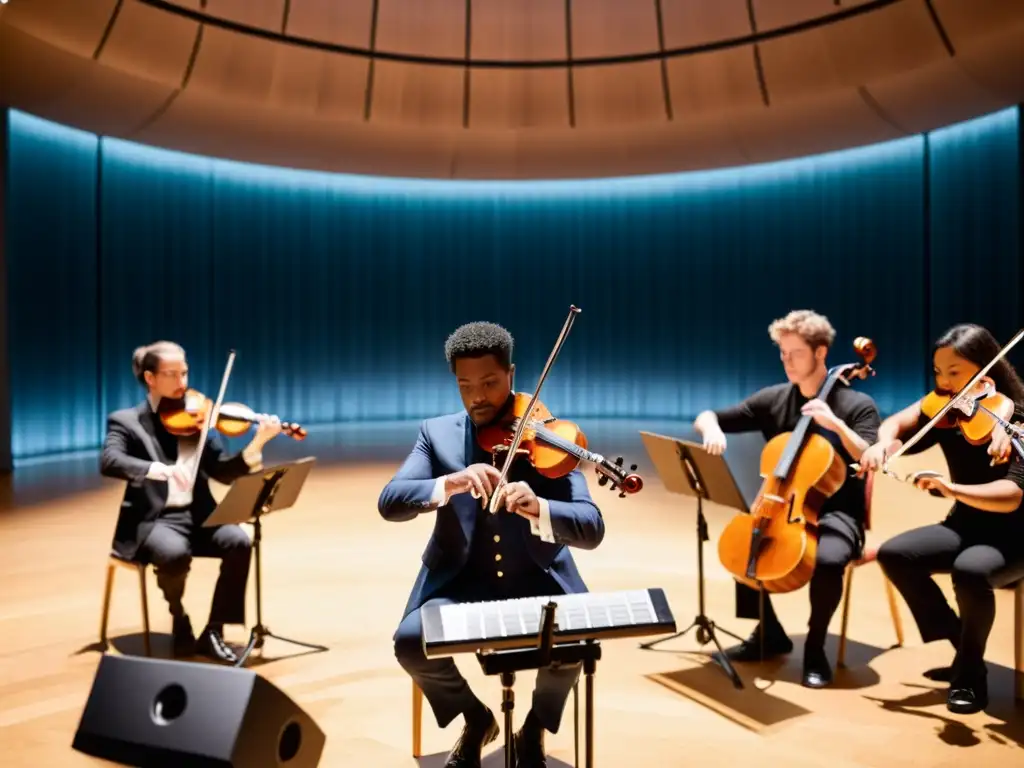 Grupo de instrumentistas avanzados concentrados en una masterclass virtual