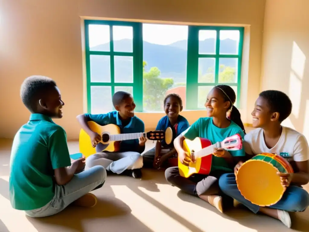 Un grupo de jóvenes estudiantes sonríe mientras sostienen instrumentos hechos de materiales reciclados