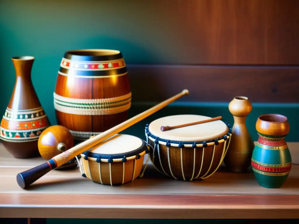 Un grupo de instrumentos musicales tradicionales de diferentes culturas, detallados y coloridos, en una mesa de madera con sombras suaves