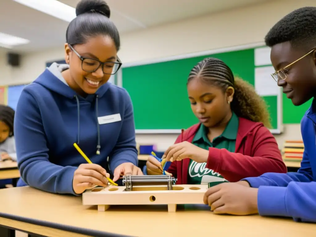 Grupo interdisciplinario construyendo instrumentos musicales con materiales reciclados en un ambiente educativo dinámico y colaborativo