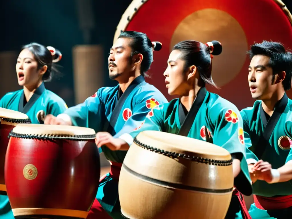 Grupo de taiko japonés en trajes tradicionales, mostrando pasión y energía