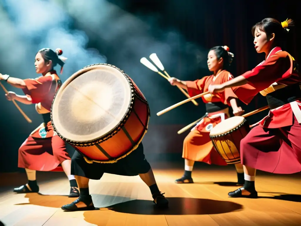 Grupo de taiko japonés en vibrante actuación, destacando la importancia cultural del taiko japonés