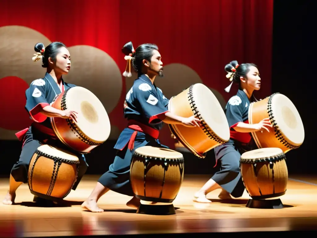 Un grupo de taiko japoneses enérgicos y concentrados en el escenario, sus movimientos y tambores emiten tonos resonantes