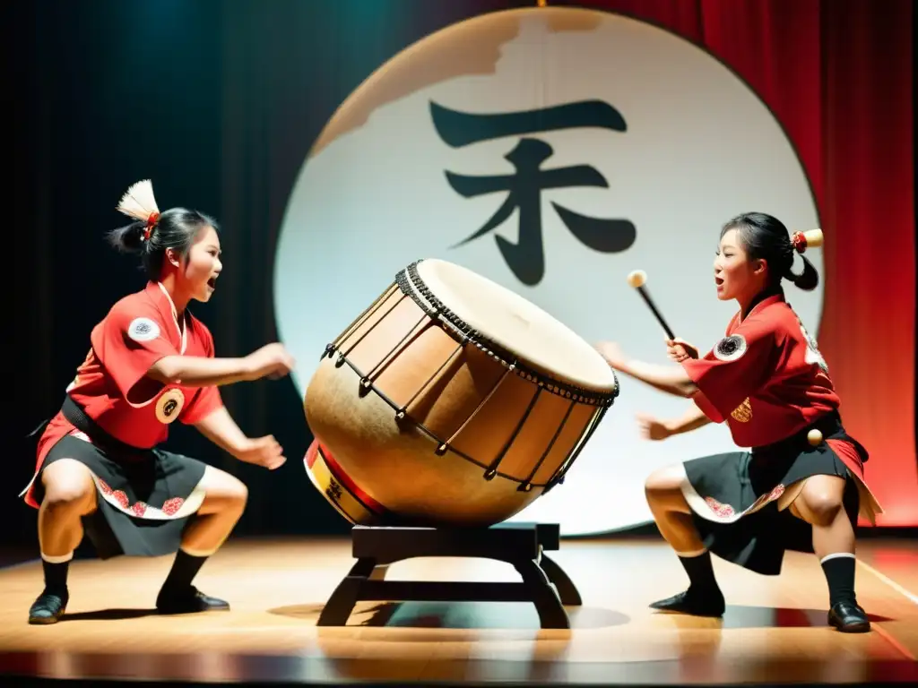 Grupo de taiko japoneses en el escenario, con movimientos sincronizados y energía intensa, reflejando la historia del taiko japonés