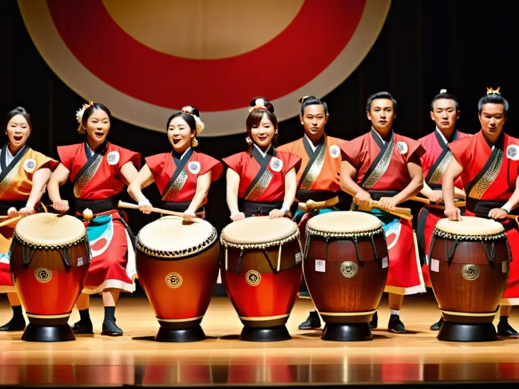 Grupo de taiko japoneses en un escenario tradicional, con movimientos poderosos y trajes vibrantes