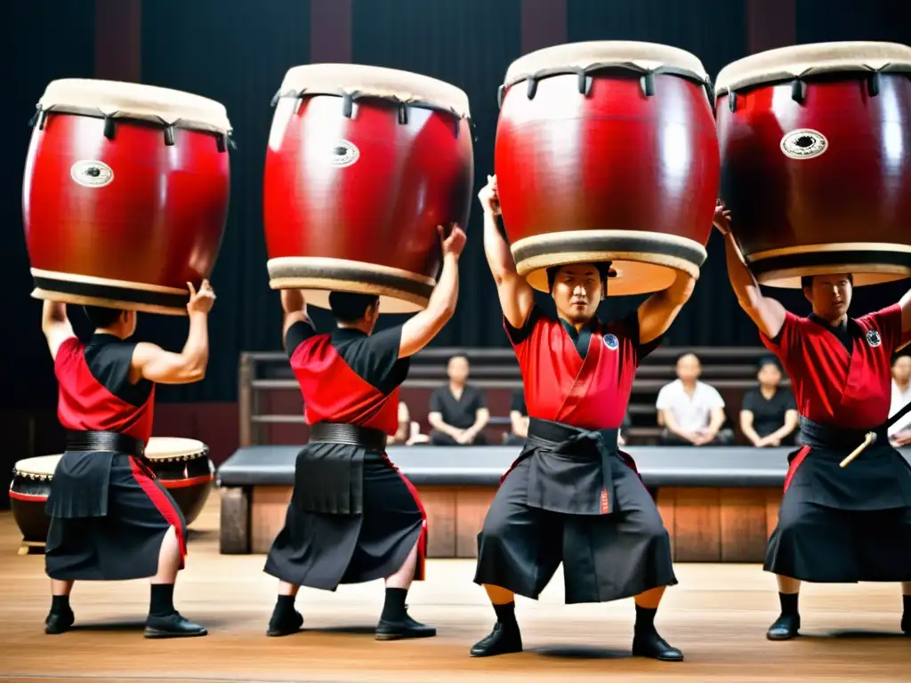 Grupo de taiko japoneses interpretando con intensa concentración en un escenario tradicional, evocando el origen y técnicas del taiko japonés