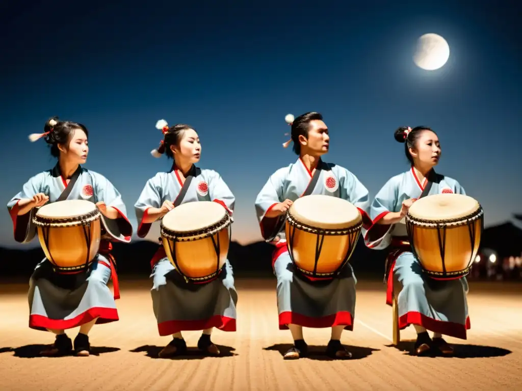 Un grupo de taiko japoneses interpretando bajo la luz de la luna, con movimientos poderosos y ritmicos