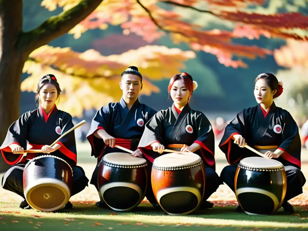 Grupo de taiko japoneses ejecutando con maestría en medio de un entorno natural impresionante con un telón de fondo de follaje otoñal