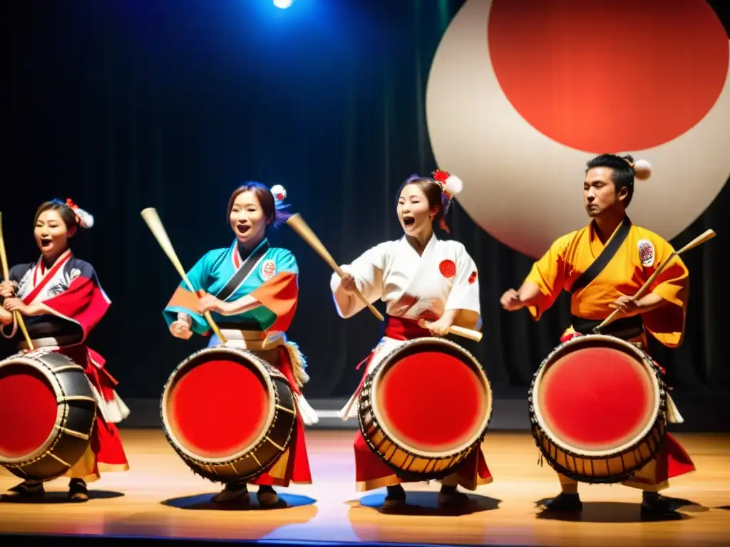 Un grupo de taiko japoneses tradicionales realiza una apasionante actuación en el escenario, con movimientos poderosos y expresiones intensas