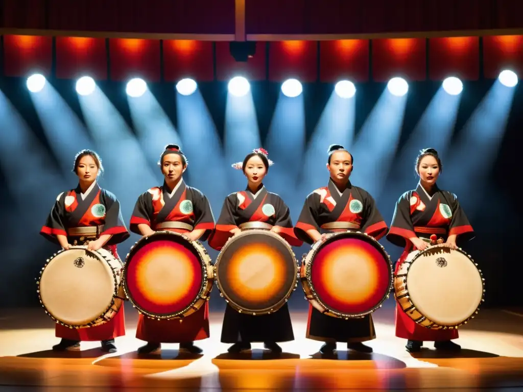 Grupo de taiko japoneses en trajes tradicionales, listos para una actuación