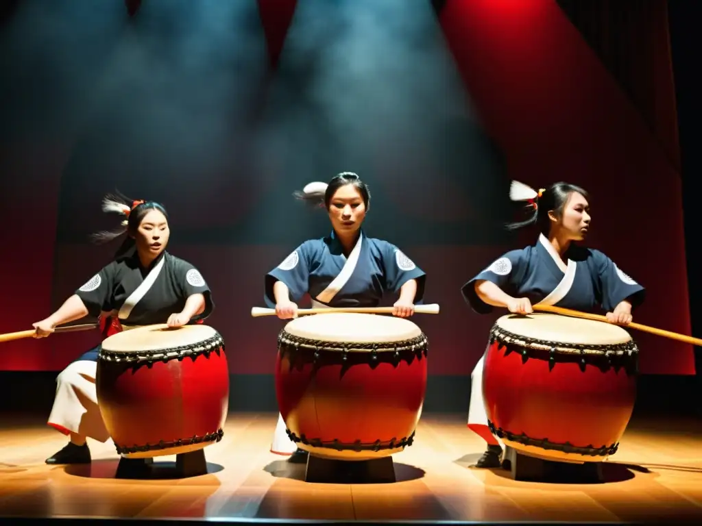 Un grupo de taiko japoneses en trajes tradicionales ejecutando con intensidad