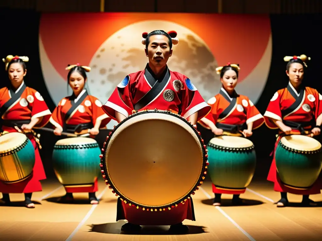 Grupo de taiko japoneses con trajes vibrantes, tocando con energía