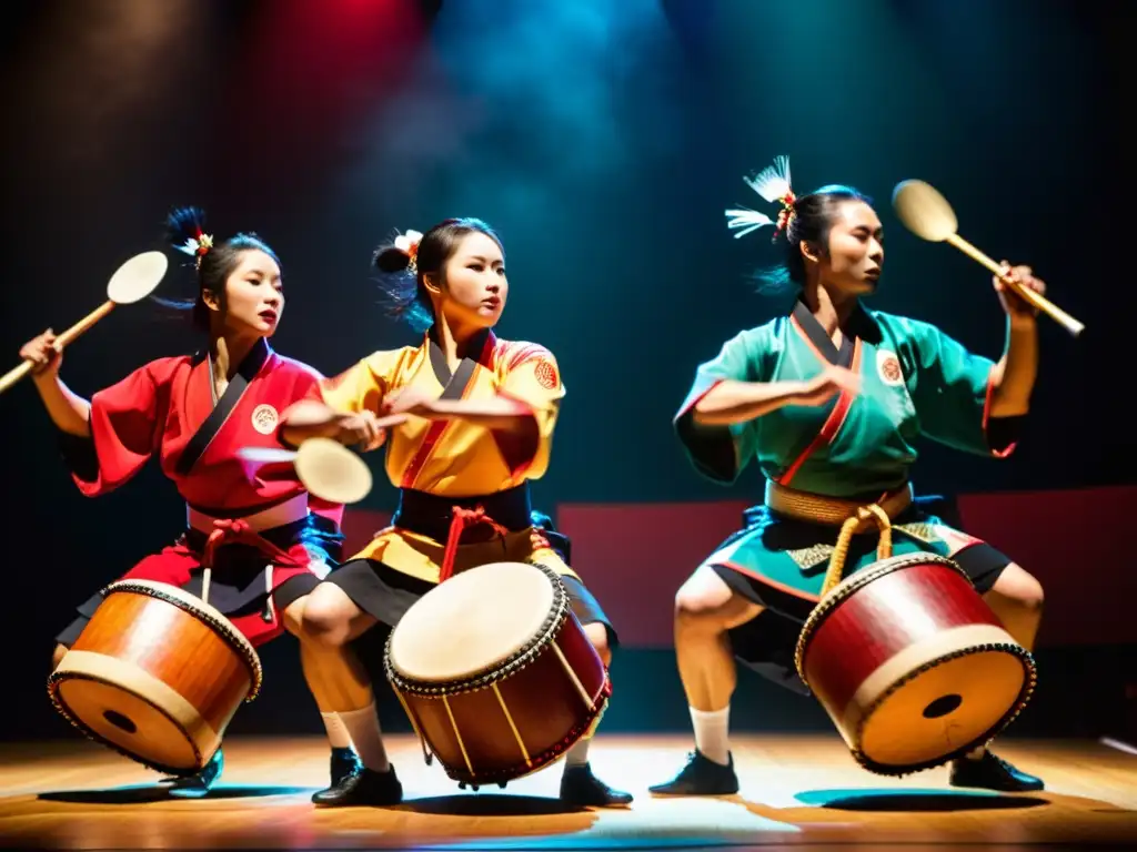 Grupo de taiko japoneses con trajes vibrantes en un escenario oscuro, expresiones intensas y movimientos sincronizados