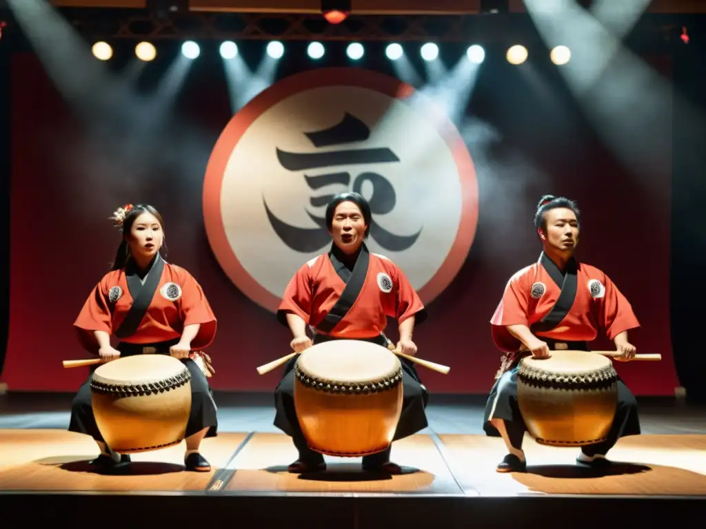 Grupo de taiko japoneses en vibrante actuación con vestimenta tradicional, rodeados de público