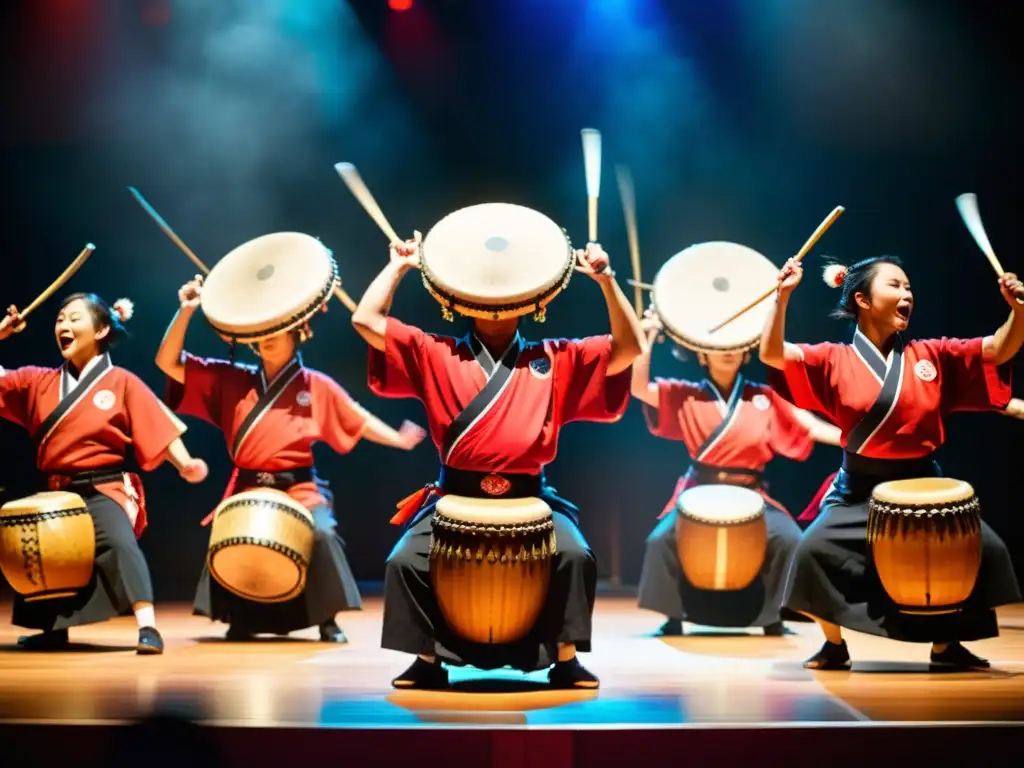 Un grupo de taiko japoneses en vibrantes trajes tradicionales, ejecutando con precisión y energía