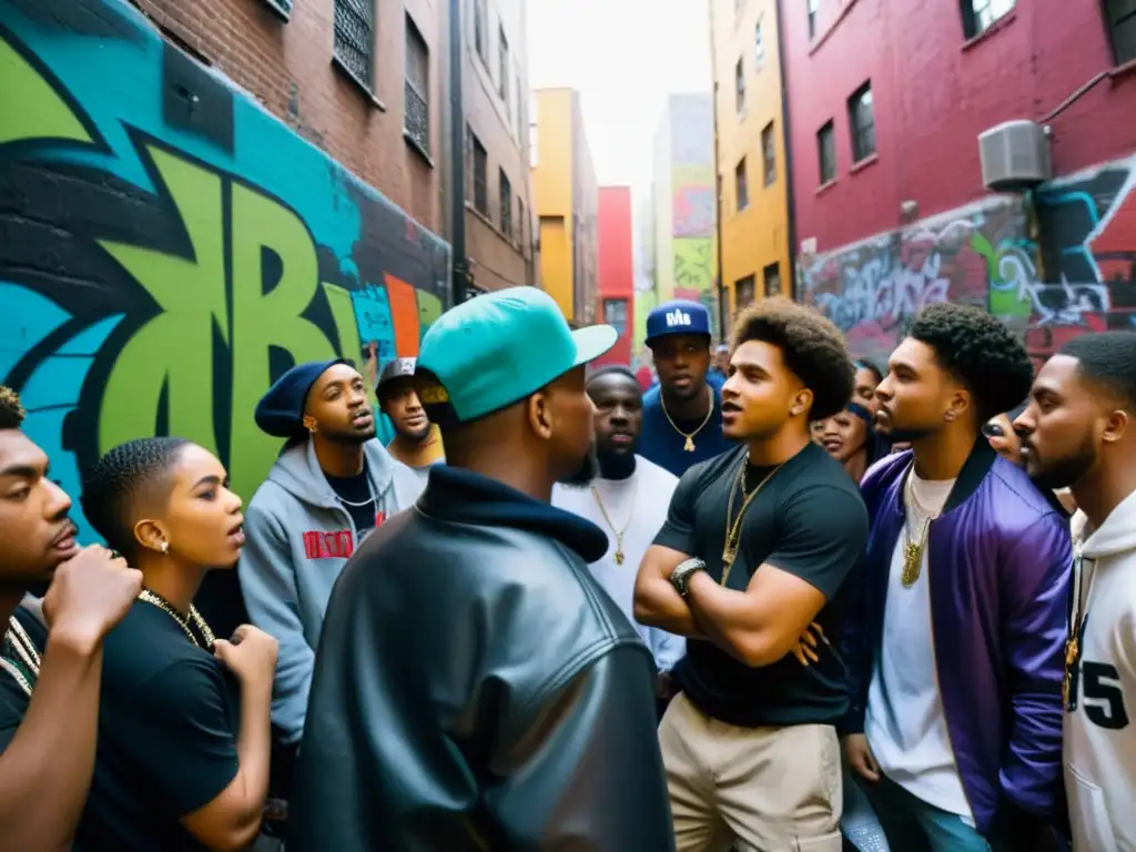 Un grupo de jóvenes participa en una intensa batalla de rap en un callejón urbano lleno de grafitis coloridos