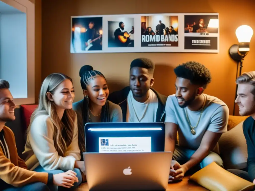 Un grupo de jóvenes músicos emocionados observando cómo su video musical se vuelve viral en redes sociales